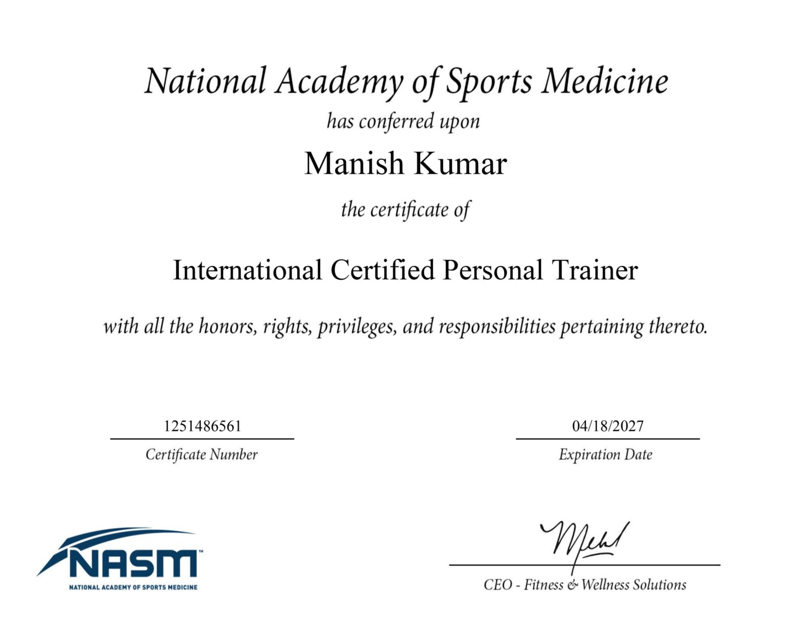 Manish Kumar NASM Certificate